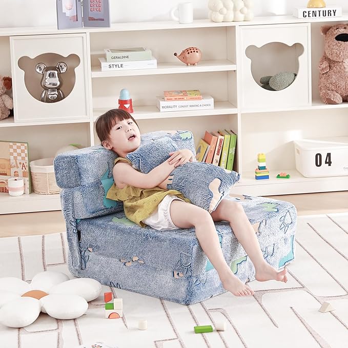 Folding Sofa Bed Floor Mattress for Kids With Pillow - Toddler Glow Washable Nap Mat for Sleeping, Child Fold Up Futon Chair Bed With Storage Bag for Girls Boys