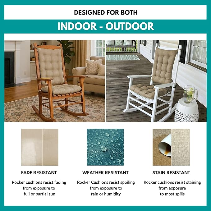 Rave Sand Neutral Porch Rocker Cushions - Extra-Large - Indoor-Outdoor: Fade Resistant, Weatherproof - Latex Foam Filled Rocking Chair Seat Cushion & Backrest Pad Set - Solid Color