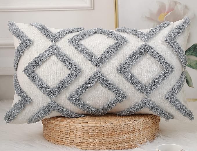 Diamond Pattern Long Pillow Covers 16 x 26,Plush Chenille Decorative Long Lumbar Pillow Covers Pillow Case Cushion Case for Sofa Couch Bed Livingroom Farmhouse,Modern Boho,Grey