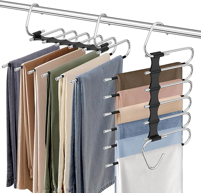 Upgrade 6 Layers Pants Hangers Space Saving, 2 Pack Stainless Steel Multifunctional Rack Non Slip S-Type Pant Closet Organizer Saver for Leggings Jeans Trousers Scarf, Black