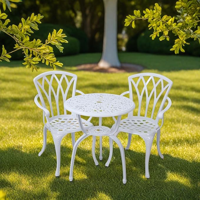 3-Piece Cast Aluminum Patio Bistro Set, Outdoor Rust-Resistant Furniture with 2 Chairs and Table (White)