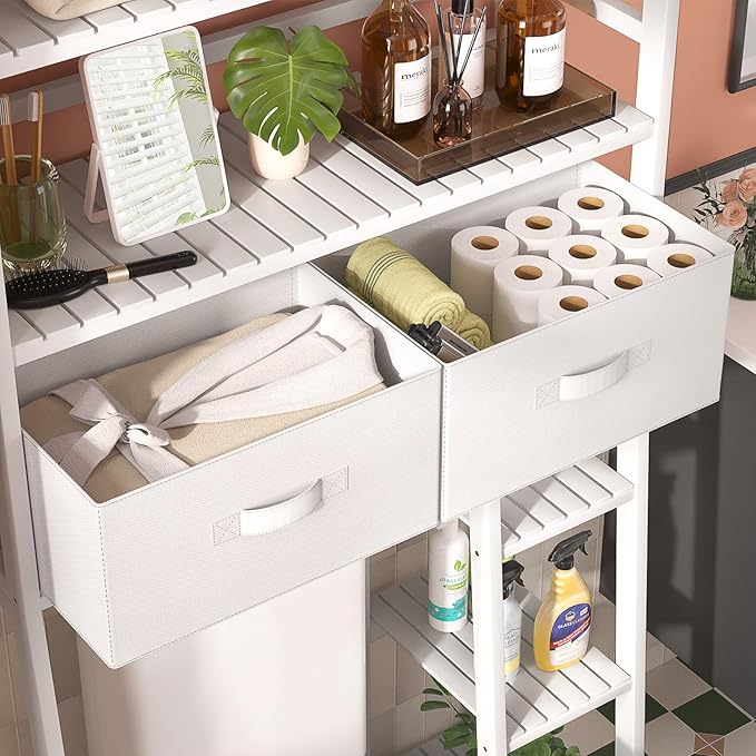 Homykic Over The Toilet Storage Shelf with 2 Fabric Drawers, Bamboo Above Toilet Organizer Tower Rack with Toilet Paper Holder Stand, Bathroom Space Saver, Mass Storage, No Rust, White