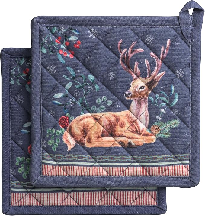 Maison d' Hermine Pot Holders Set 100% Cotton Heat Resistant Potholders 8" x 8" Hot Pads with Loop for Thanksgiving Christmas Decorations BBQ Baking Handling Hot Pans (Pack of 2, Christmas Joy)