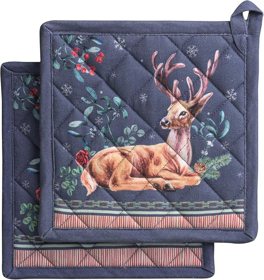 Maison d' Hermine Pot Holders Set 100% Cotton Heat Resistant Potholders 8" x 8" Hot Pads with Loop for Thanksgiving Christmas Decorations BBQ Baking Handling Hot Pans (Pack of 2, Christmas Joy)