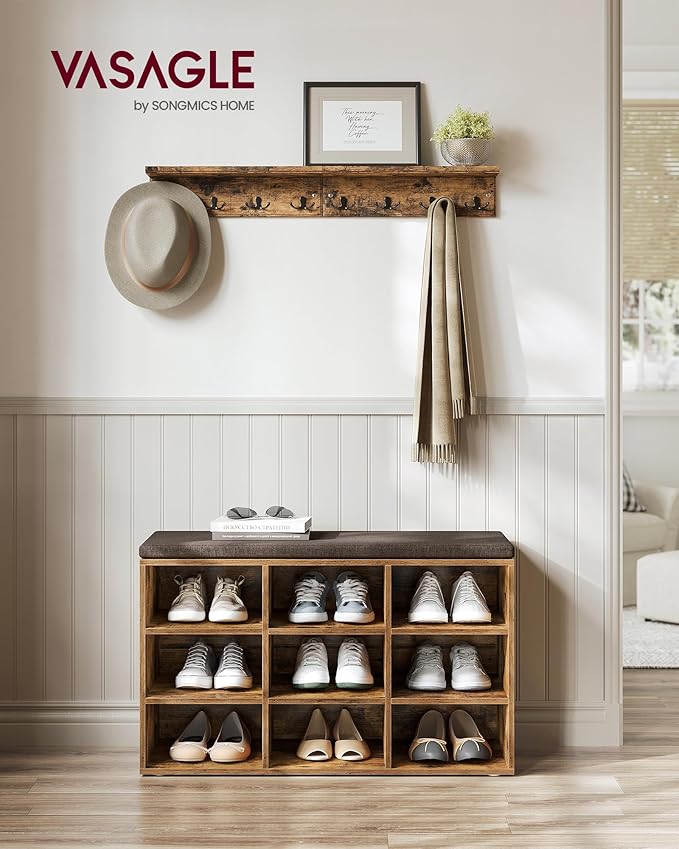 VASAGLE CUSTOS Collection - Shoe Bench, Storage Bench with Padded Seat, Entryway Bench with 9 Compartments, for Bedroom, 11.9 x 30.9 x 18.9 Inches, Rustic Brown and Chestnut Brown ULHS009B01