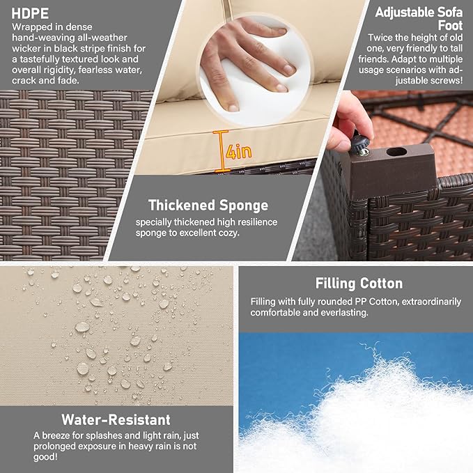 Wicker Patio Furniture Patio Couch 3 Pieces Outdoor Sectional with Ottoman and Outdoor Storage Table with Lining Weathering Anti-Slip Cushions Furniture Covers, Khaki