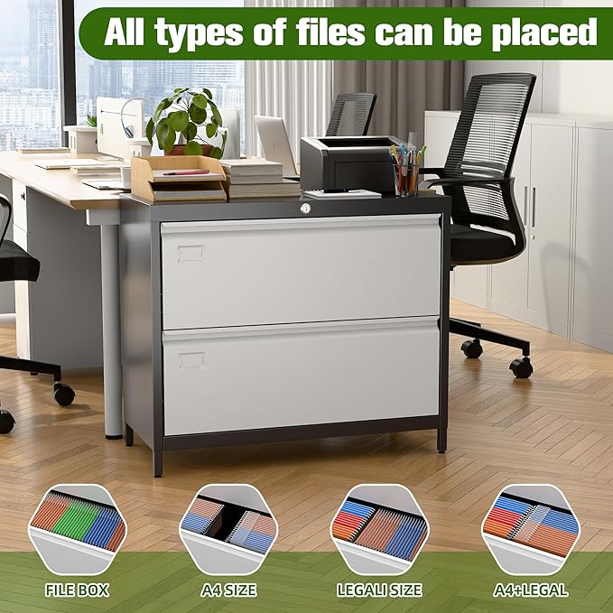 Metal 2 Drawer Lateral File Cabinet with Lock & Adjustable Feet - Wide Filing Cabinet for Letter/Legal/F4/A4 Hanging Files - Includes Business Card Holder,Home Office School Storage,Black/Grey