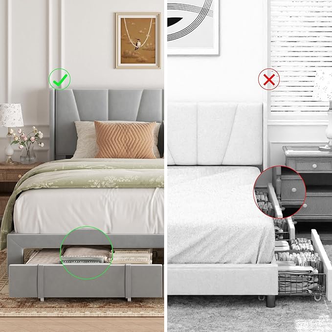 King Bed Frame with Storage Drawers, Upholstered King Size Platform Bed with 47" Tall Headboard and Wingboard, No Box Spring Needed, NO Noise, Easy Assembly, Wooden Support Slats,Light Grey