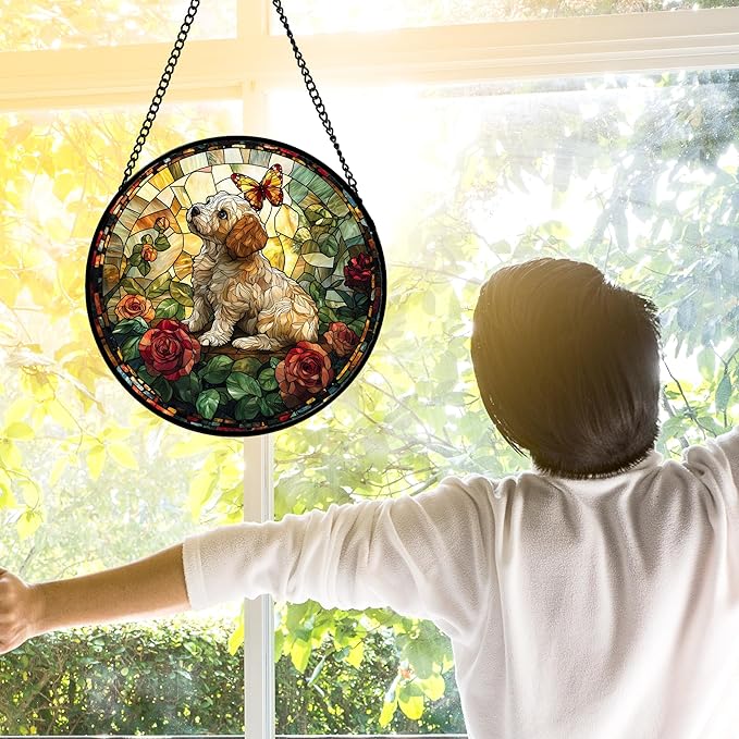 Stained Glass Window Hanging, Cute Dog and Flowers Suncatcher for Doors Home Butterfly Sun Catchers Decoration and Christmas, Mother's Day Birthday Gifts for Women, Men, and Mom 9.8 in