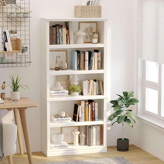 blini 5-Shelf Tall Bookcase White Wooden Bookshelves 33in Wide 5 Tier Bookcases with Adjustable Shelves Floor Standing Display Book Shelves 70 in Tall Bookcase for Home Office, Living Room, Bed Room