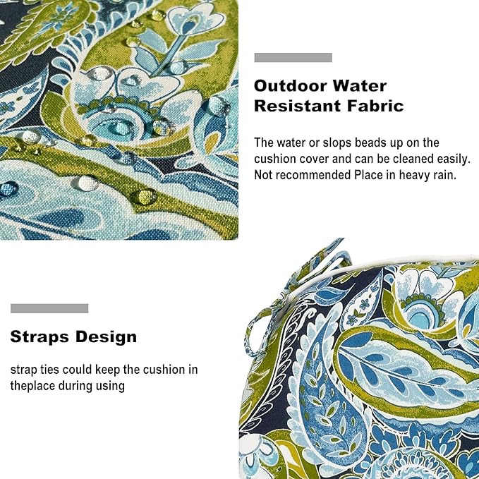 Set of 2 Outdoor Chair Cushions with Ties,Water Repellent Patio Chair Pads 17"x 16" for Outdoor Furniture,Round Corner Seat Cushions for Garden Yard Kitchen Paisley Lapis Green