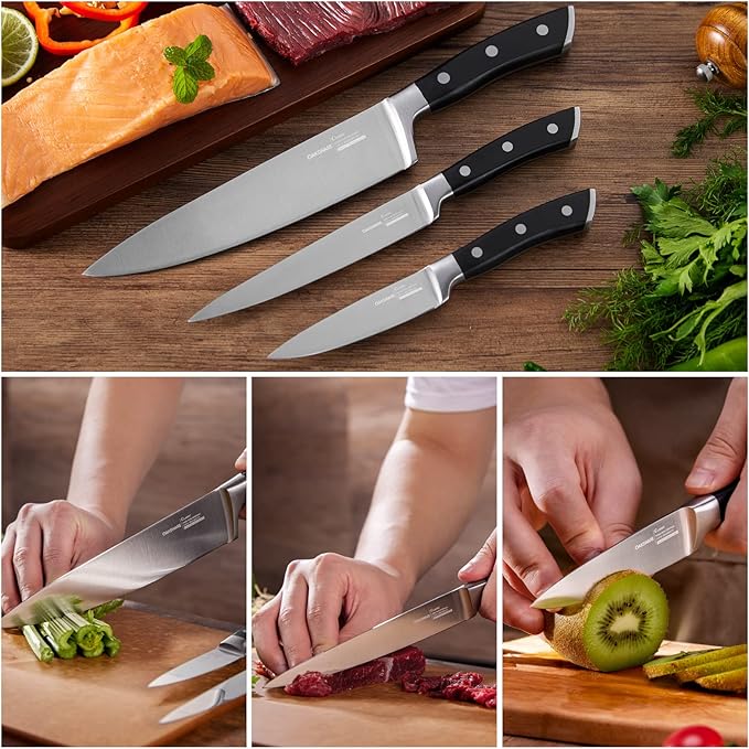 OAKSWARE Kitchen Knife Set 3-Piece, Ultra Sharp Kitchen Knives, Paring Knife and Utility Knife for Kitchen, German Steel & Ergonomic ABS-Handle