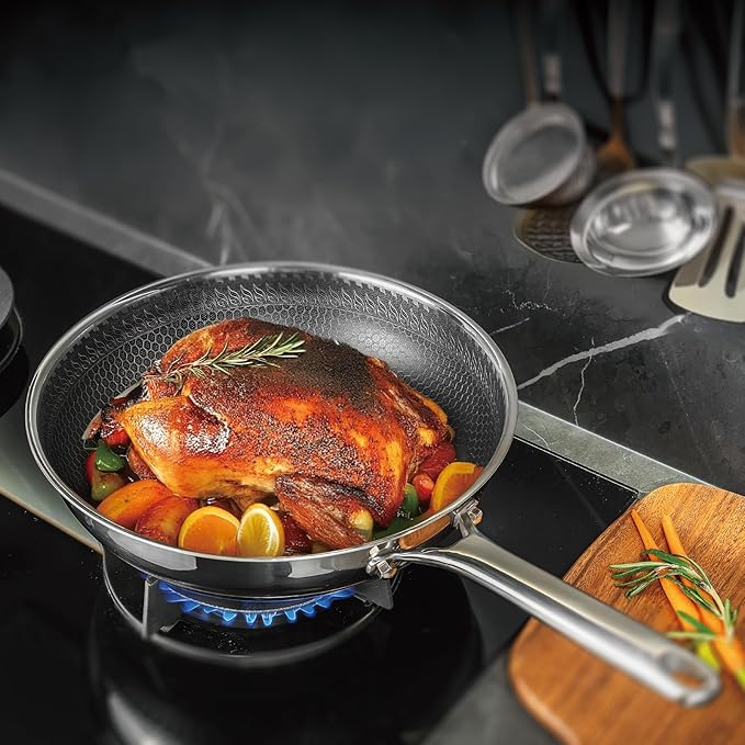 Hybrid Nonstick Frying Pan with Lid 12 Inch,Stainless Steel Honeycomb Pan Compatible with All Cooktops Dishwasher and Oven Safe