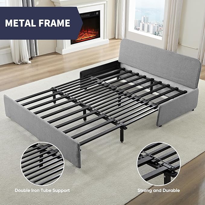Queen Sofa Bed, Modern Pull Out Sofa Bed with Cushions & Throw Pillows, Linen Couch Beds, Convertible Sleeper Sofas Beds, Loveseat for Living Room for Small Spaces, Light Gray
