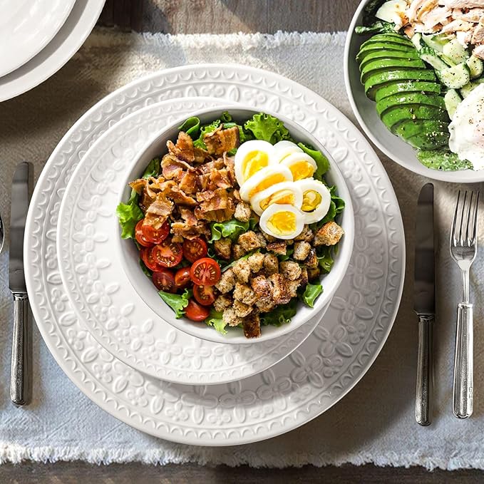 Cereal Bowls Set of 4 - Ceramic Soup Bowls for Kitchen 30 Oz Embossment White Breakfast Bowls for Rice, Pasta, Fruits, Salad, Ramen, 6.25 Inch, Dishwasher & Microwave Safe (Cross Floral)