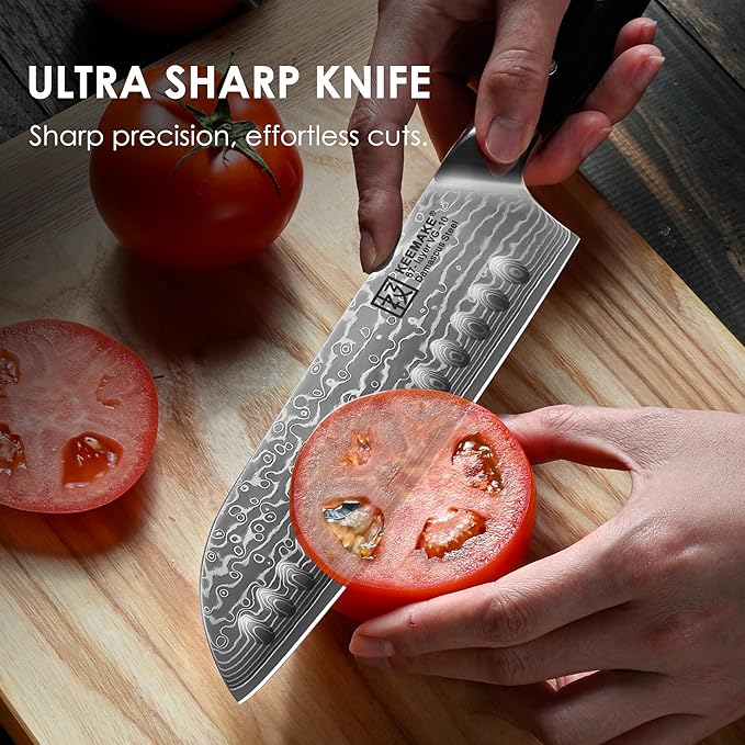KEEMAKE Santoku Knife 7 inch, Ultra Sharp Damascus Kitchen Knife with Ergonomic Handle, 67-Layer Damascus Steel Knife, Japanese Chef Knife for Sushi Sashimi, Chopping Knife for Fruit Vegetable Meat