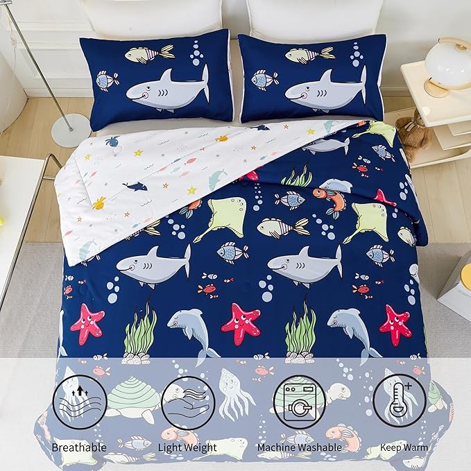 RYNGHIPY Kids Bedding Set for Queen Bed Reversible Ocean Animals Print Comforter Set for Boys Girls Easy-Wash Super Soft Microfiber Bed Set (Navy Ocean,Queen)