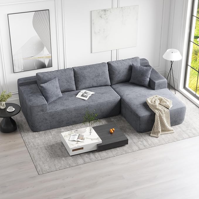 OC Orange-Casual 106.3" Cloud Sectional Couch with L-Shape Chaise,No Assembly Required Modular Sofa,Upholstered Boneless Couches for Living Room, Plush Corduroy Fabric (Grey, Right Facing Chaise)