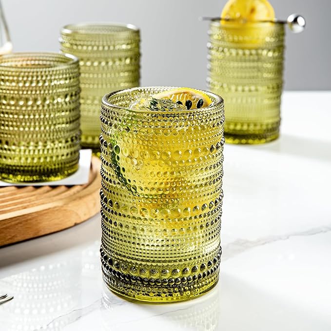 Set of 8 Hobnail Drinking Glasses Colored Vintage Glassware - 4 Highball Glasses 14 oz, 4 Rocks Glass Cup 11 oz, Embossed Old Fashioned Glassware for Water, Juice, Wine, Beer (4 Colors)