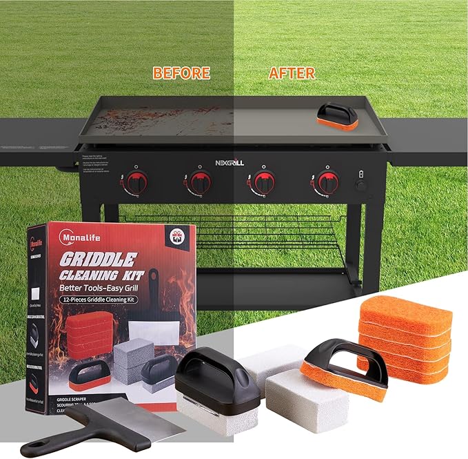 Griddle Cleaning Kit for Blackstone Accessories,Flat Top Grill Cleaning Kit Tools for Outdoor,Griddle Cleaner Brush Set with Grill Stone Cleaning Brick, Griddle Scraper&Scouring Pads