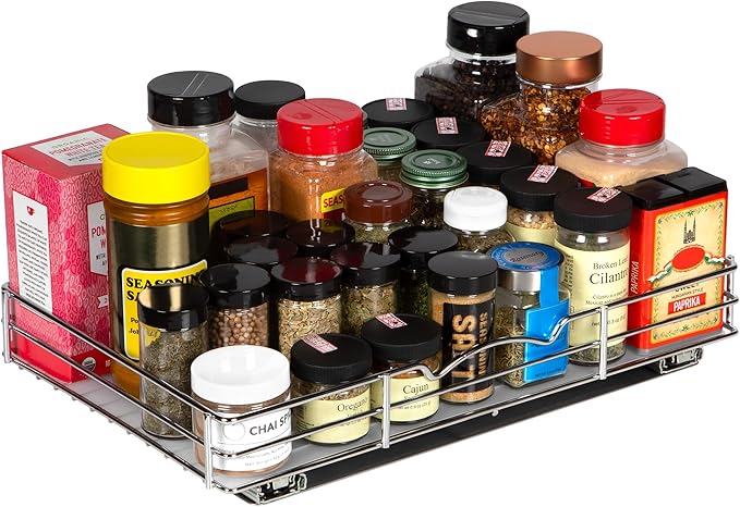 Pull Out Cabinet Organizer for Spices, Cans - Heavy Duty with Lifetime Limited Warranty- Pull Out Spice Rack- Cabinet Pull Out Shelf for Cans,Dishes, Etc, 16-3/8"Wx 10-1/2"D x 2-3/4” H, Chrome