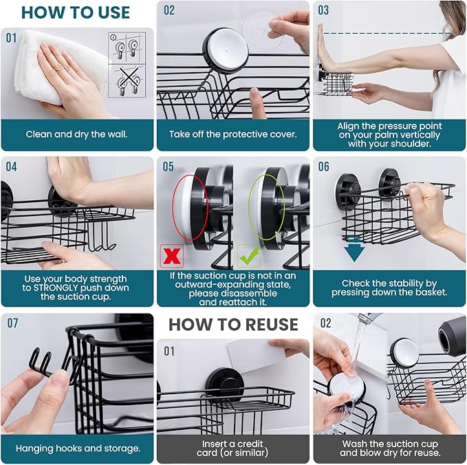 TAILI Shower Caddy Suction Cup, 3 Pack Shelves for Inside with Hooks & Soap holder Toothbrush Cups, Removable Bathroom Organizer, Rustproof Black Holder Storage-Black