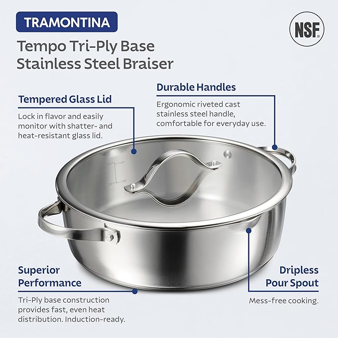 Tramontina Tempo Tri-Ply Base Stainless Steel 6-Quart Braiser Pan with Glass Lid, Induction-Ready, Oven-Safe, Dishwasher-Safe
