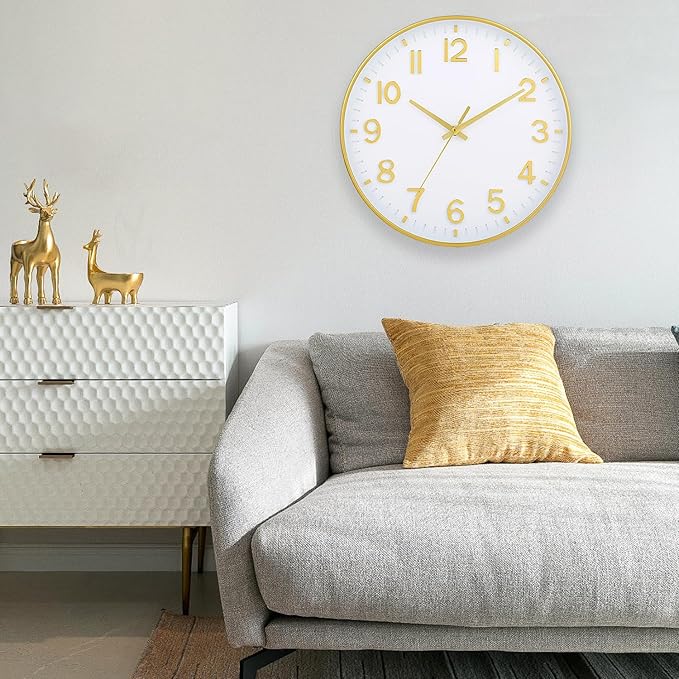 HZDHCLH White and Gold Wall Clocks Battery Operated 12 inch Silent Non Ticking Modern Wall Clock for Living Room Bedroom Kitchen Office Decor