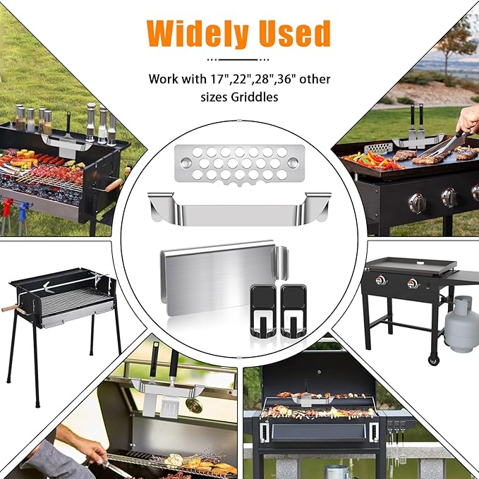 6pcs Magnetic Grease Gate Set, Griddle Spatula Holder and Magnetic Hooks Combo, Stainless Steel Flat Top Griddle Accessories Kit, Grill Tool Holder