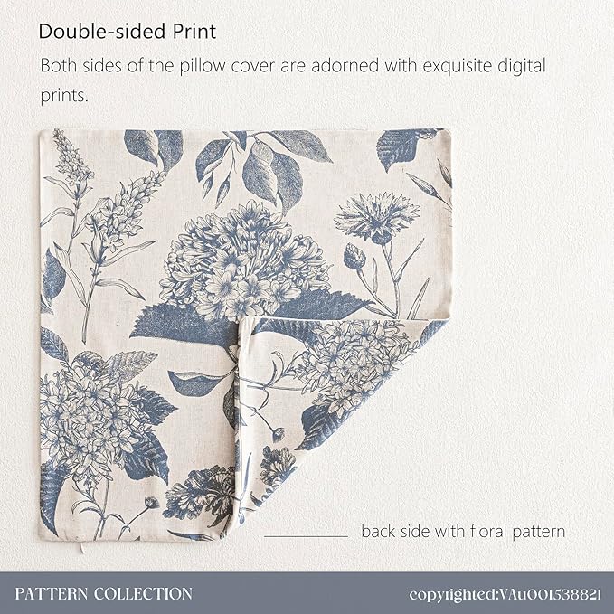 Foindtower Set of 2 Linen Floral Vintage Throw Pillow Covers Neutral Accent Print Decorative Cushion Covers Farmhouse Boho Home Decor for Sofa Chair Couch Bedroom Living Room Outdoor,20×20 Inch,Blue