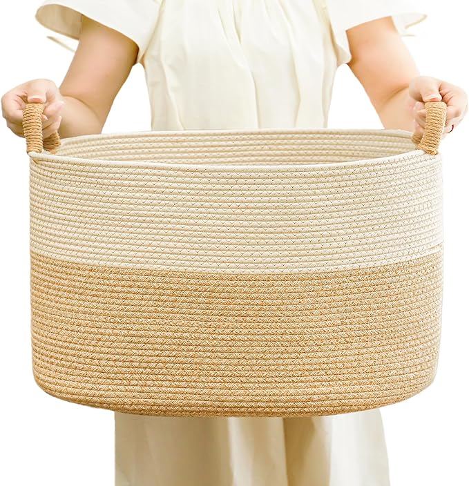 Large Woven Laundry Basket, Cotton Rope Storage Basket for Bedroom, Nursery & Bathroom – Toy Storage Organizer (Large(21.65" L x 12.6" W x 13.78" H))