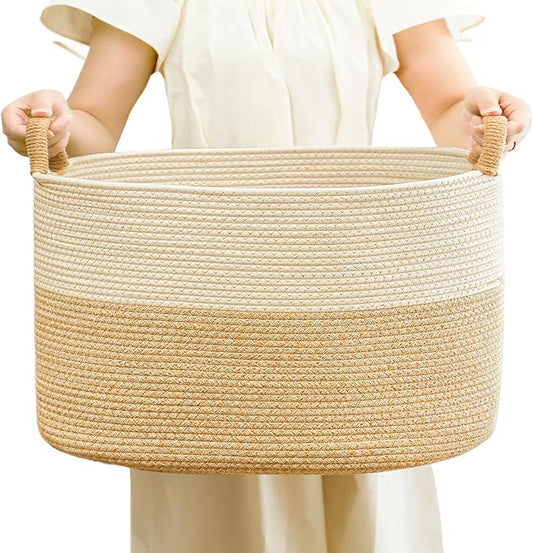 Large Woven Laundry Basket, Cotton Rope Storage Basket for Bedroom, Nursery & Bathroom – Toy Storage Organizer (Large(21.65" L x 12.6" W x 13.78" H))