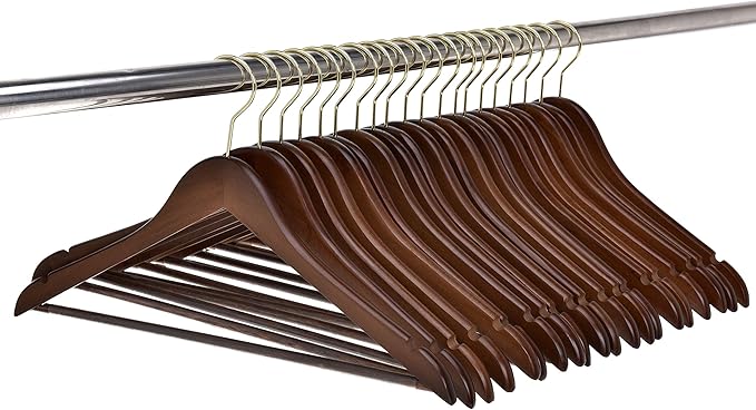 Quality Wooden Hangers - Slightly Curved Hanger 10 Pack Sets - Solid Wood Coat Hangers with Stylish Chrome Hooks - Heavy-Duty Clothes, Jacket, Shirt, Pants, Suit Hangers (Walnut/Retro, 10)