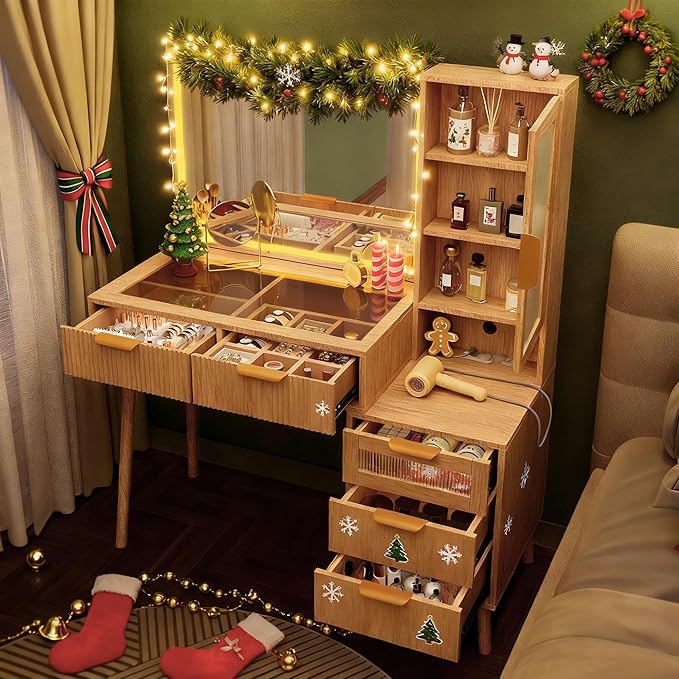 Fluted Makeup Vanity Desk with Mirror and Lights, 5 Drawers Glass Top Makeup Vanity with 4 Storage and 9-Grid Organizer, 3 Color Ribbed Glass Dressing Table with Charging Station, Natural Oak