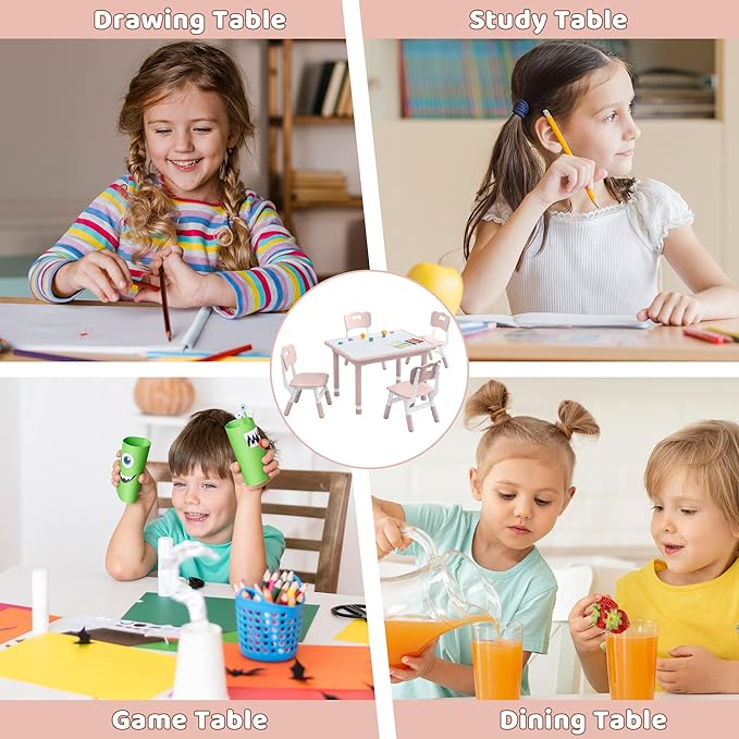 Kids Table and 4 Chairs Set, Height Adjustable (17.7"-26.1") Toddler Table and Chair Set, Multi-Activity Table with Graffiti Desktop, Children’s Table and Chairs for Classroom, Home & Daycare