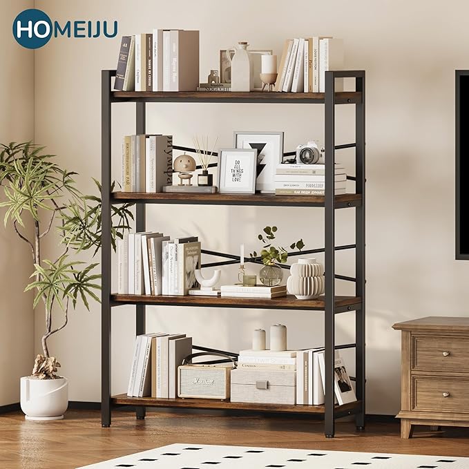 4 Tier Bookshelf 31.49" Width, Book Organizers and Storage, Wood and Metal Tall Bookcase, Rustic Book Shelf Organization and Storage for Home Living Room Bedroom Office Storage(Rustic Brown)