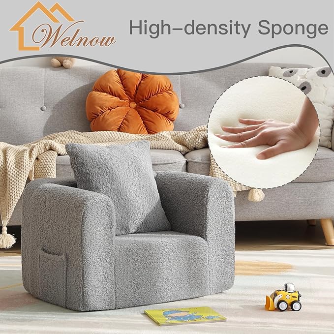 Welnow Kids Sofa with Pillow, Cozy Toddler Chair Soft Foam Seat for Reading, Children's Couch with Armrest Lightweight Comfy Kids Furniture for Bedroom, Playroom for Boys and Girls, Sherpa Grey