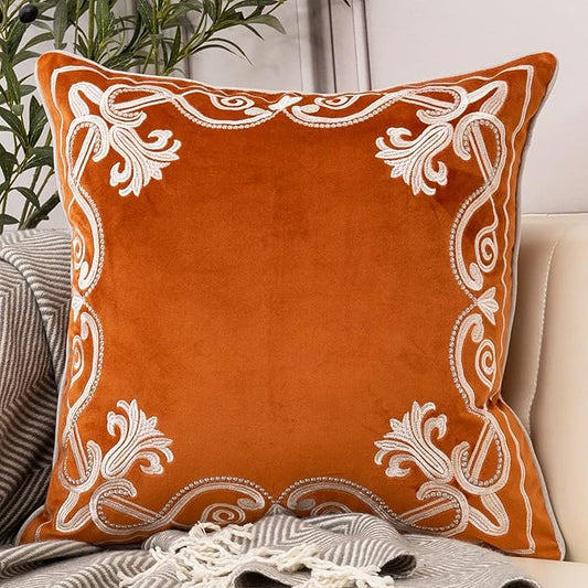Aeckself European Floral Pillow Cover 20x20 Inch, Luxury Velvet Embroidered Decorative Throw Pillow Cover for Couch Bedroom Living Room, Burnt Orange and White