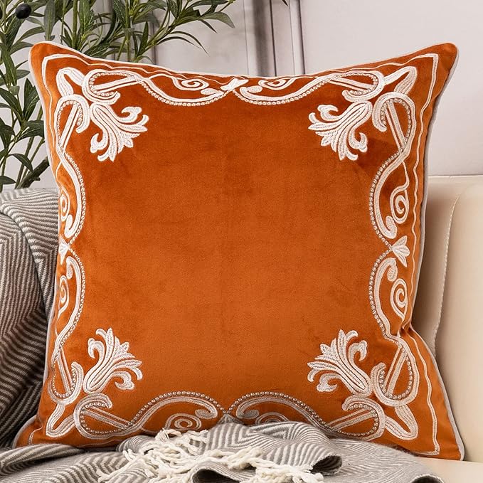 Aeckself European Floral Pillow Cover 16x16 Inch, Luxury Velvet Embroidered Decorative Throw Pillow Cover for Couch Bedroom Living Room, Burnt Orange and White