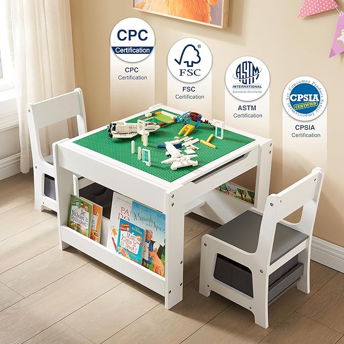 Kids Table and Chair Set, 4 in 1 Wooden Activity Table with Bookshelves and Storage Drawer, 2 in 1 Detachable Tabletop Construction Play Table Set for Drawing, Reading, Build Blocks