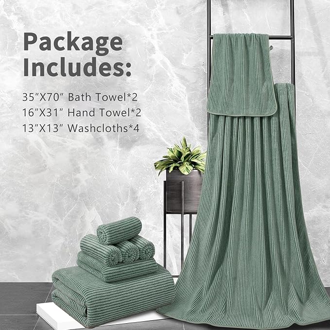 8-Piece Premium Towel Set for Bathroom|2 Oversized Large Bath Sheet,2 Hand Towels,4 Washcloths|Soft Cozy Highly Absorbent Fast Dry Microfiber Shower Towel Set for Hotel Bathroom Essentials,Green