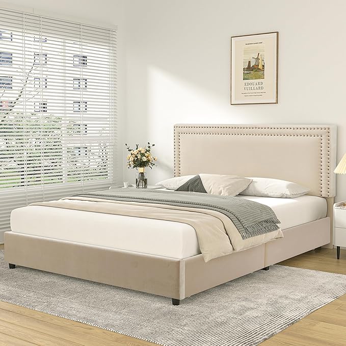 VECELO Full Size Upholstered Platform Bed Frame with 4 Storage Drawers, Adjustable Velvet Rivets Headboard, Wooden Slats Support, No Box Spring Needed, Easy Assembly