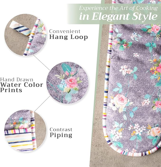 Maison d' Hermine Sweet Rose Lavender 100% Cotton Double Oven Glove with Loop Heat Resistant BBQ Cooking Baking Grilling Microwave Barbecue Spring/Summer (7.5 Inch by 35 Inch)