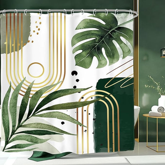 Glawry Green Gold Boho Mid Century Shower Curtain Abstract Tropical Plant Minimalist Modern Geometric Palm Leaf Arch Bathroom Simple 72Wx72L Inches Bath Accessories Art Home Decor Fabric 12 Pack Hooks