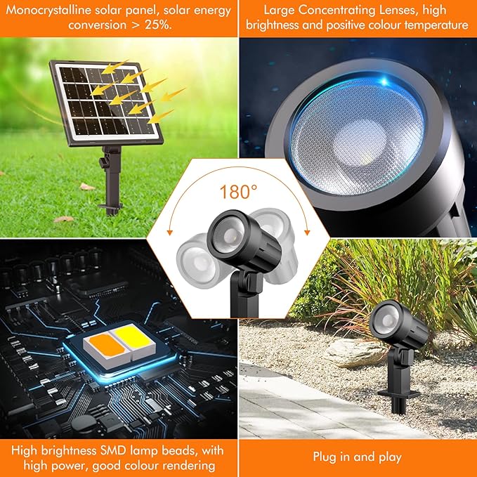 MEIHUA Solar Spot Lights Outdoor Garden, 4 in 1 2700K/4000K/6500K Adjustable LED Solar Powered Spotlight, IP66 Waterproof Solar Landscape Spotlights 3 Brightness for Garden Pathway Yard Tree