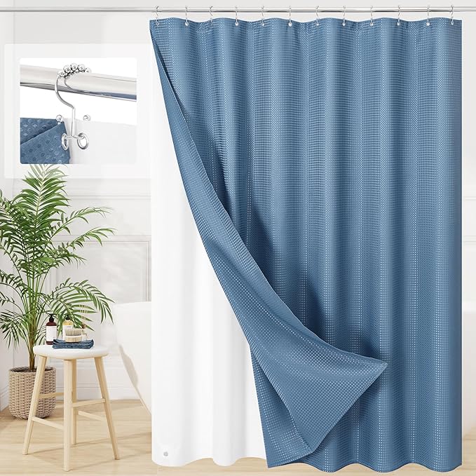 3 in 1 Long Moonlight Blue Shower Curtain Set-72 W x 78 H, Modern Waffle and PEVA Liner Set with 12 Stainless Steel Hooks, Waterproof Fabric for Bathroom