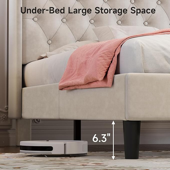 koorlian Queen Bed Frame with Headboard, Adjustable Velvet Upholstered Bed Frame with Type-C&USB Ports, Wingback Storage Headboard, Solid Wood Slats Support, No Box Spring Needed, Noiseless, Beige
