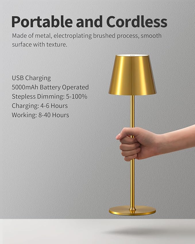 PUSU Cordless Rechargeable Table Lamp Set of 2, 4000mAh Battery Powered LED Desk Lamp, 3 Color Stepless Dimming Up, Portable Table Light Lamp for Bedroom Restaurant Outdoor (Gold)