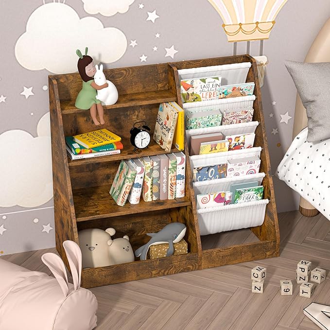 Kids Bookshelf for Bedroom Toddler Children Baby Bookcase 4-Tier for Nursery Book Toy Storage Organizer 5 Sling Book Display Shelf Book Rack Wood Classroom Playroom Rustic Brown