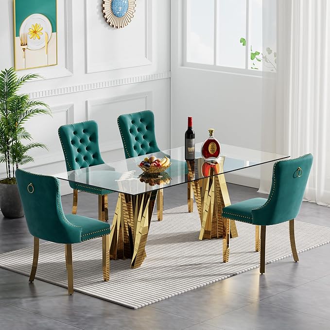 Goujxcy Modern 5 Piece Glass Dining Table Set Luxury Glass Kitchen Table and Chair Set for 4, 70" Large Rectangular Dining Room Table with 4 Tufted Chairs and Stainless Steel Legs (Gold & Green)